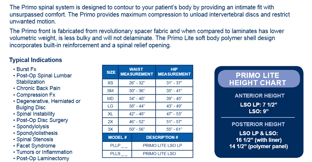 Primo Lite Lumbosacral Orthosis LSO Back Brace
